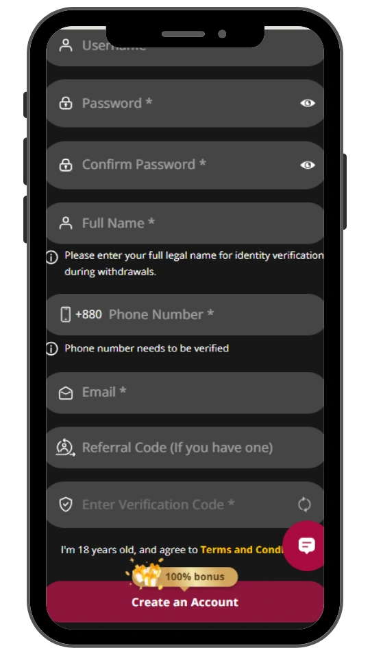 JWIN7 account sign up page from mobile app